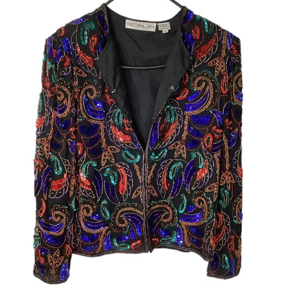 Vintage Scala Black Beaded Sequin Silk Evening Jacket Women's Size Medium - Picture 7 of 7